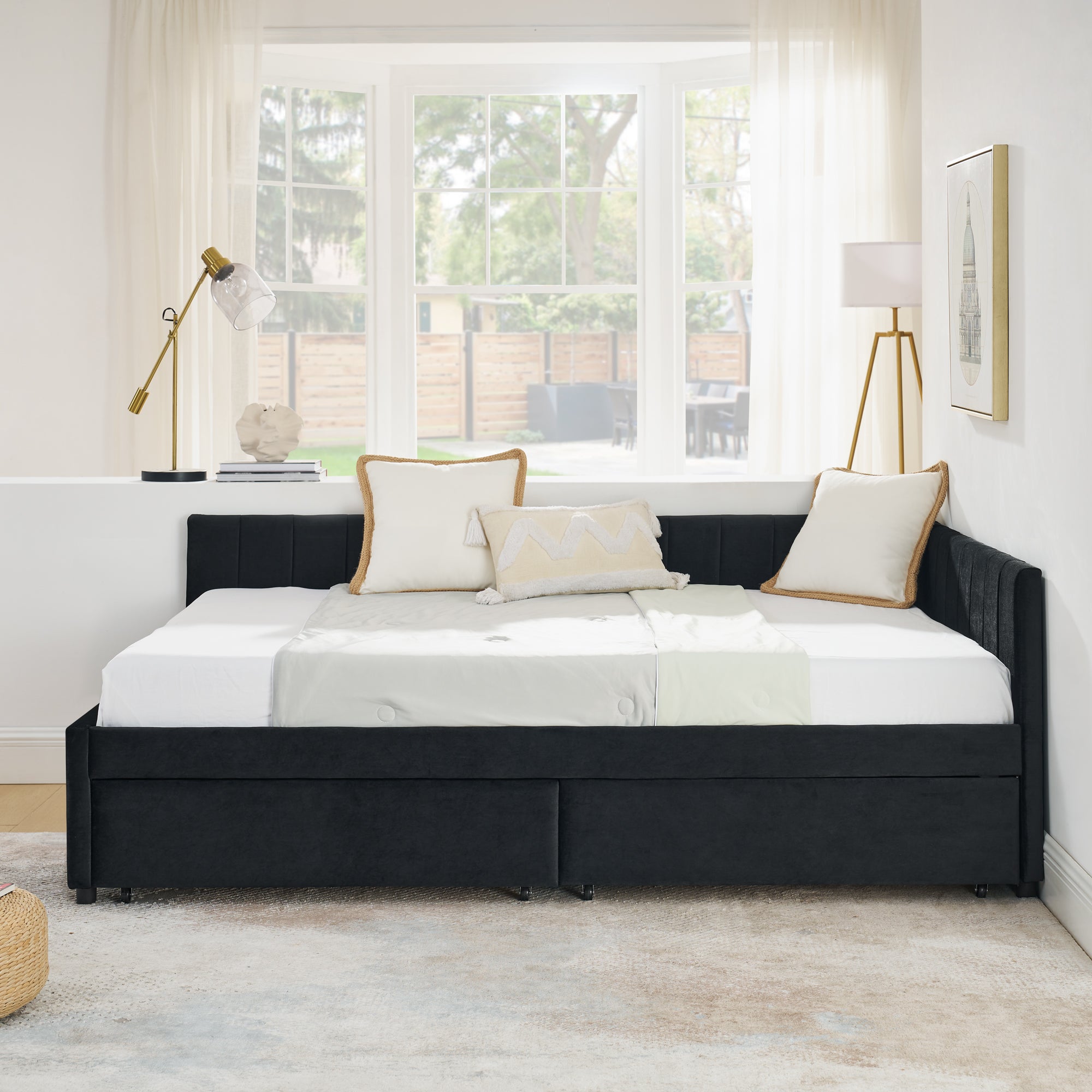 Full Size Upholstered Tufted Bed Frame with Two Drawers