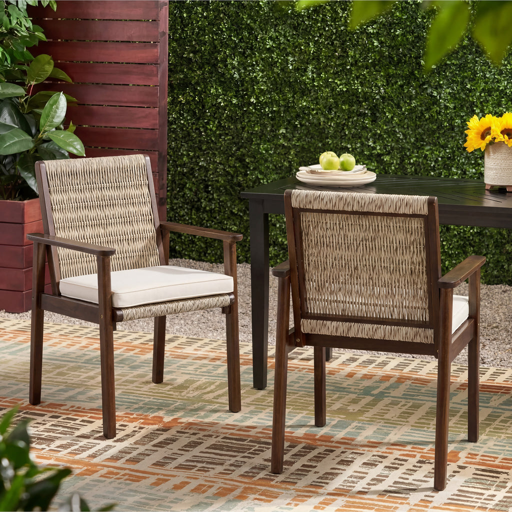 Outdoor Dining Chairs Set of 2 - Acacia Wood & Wicker Rattan