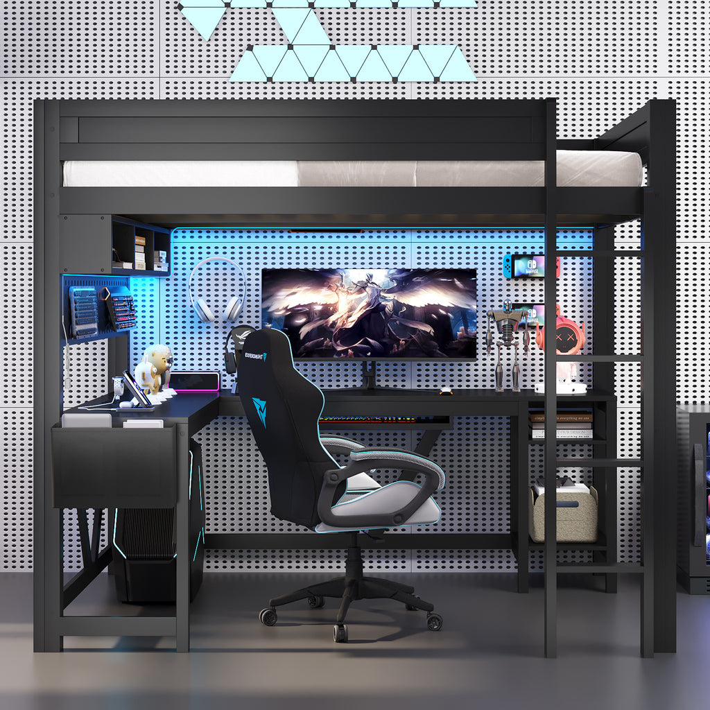Wood Full Size Gaming Loft Bed with Desk, Storage Shelves, LED and Charging Station