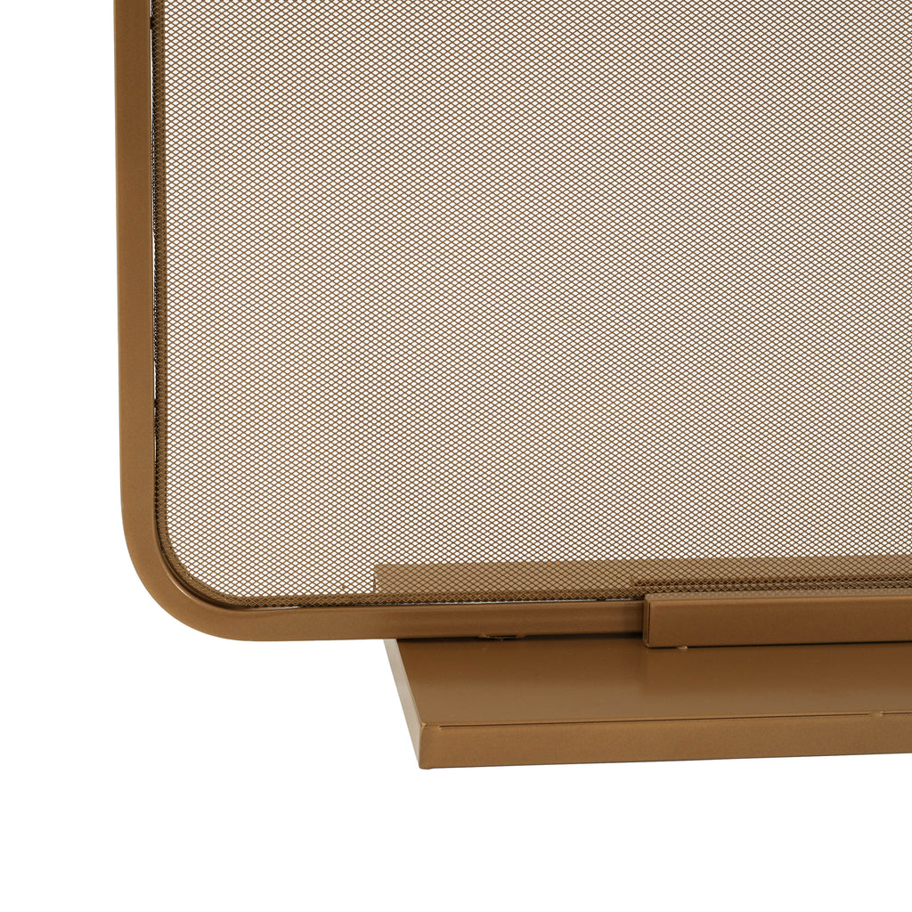 Gold Two‑Panel Freestanding Fireplace Screen, 50" W × 35" H Iron Mesh Fire Spark Barrier for Home Indoor Fireplace
