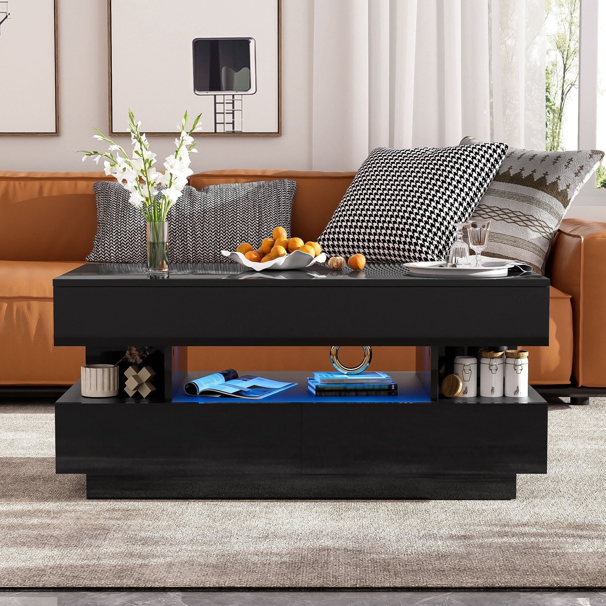 Multi Functional Lift Top Coffee Table With 2 Drawers