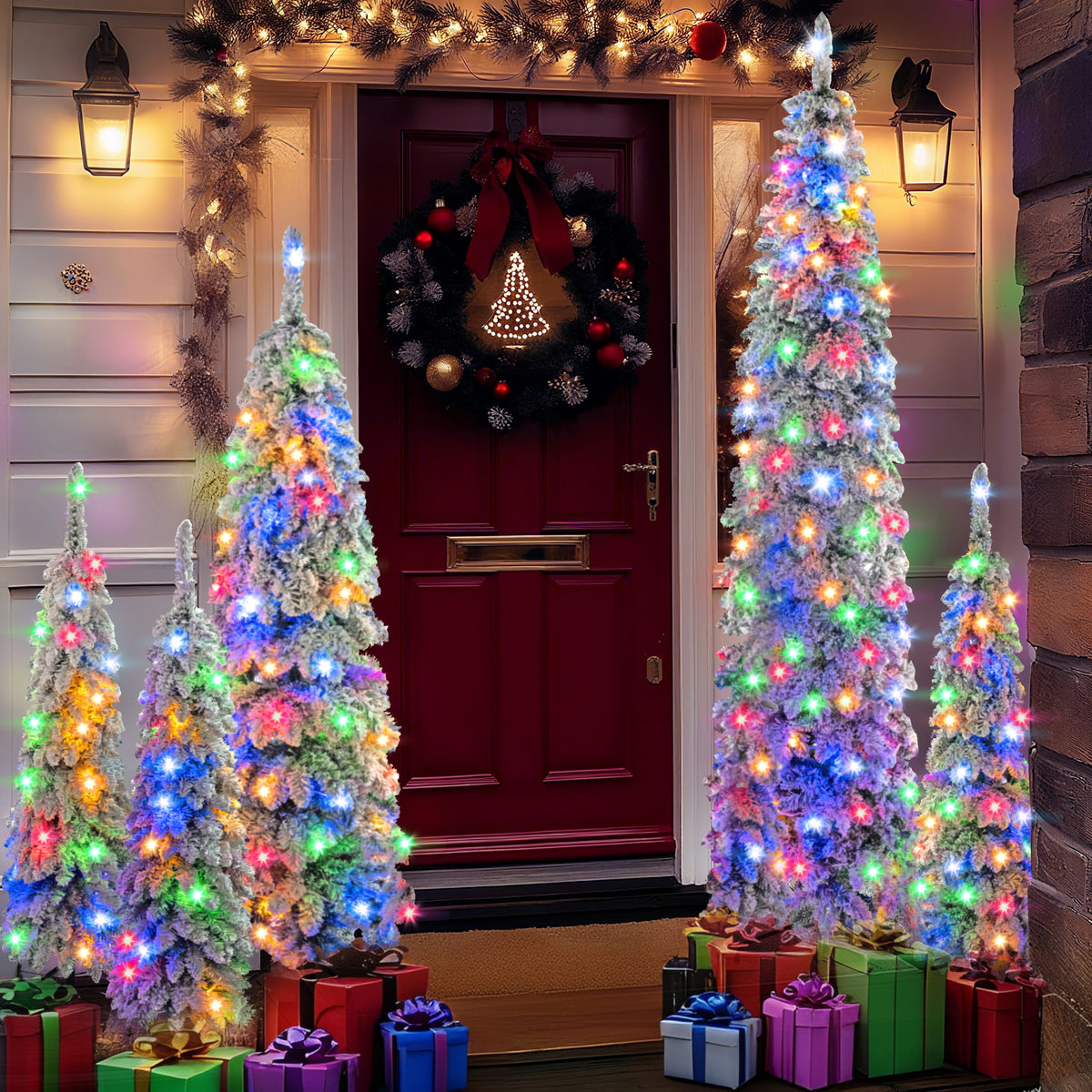 5-Piece Pre-Lit Pencil Christmas Tree Set, 8ft/6ft/4ft, Snow-Flocked, 350 LED Lights
