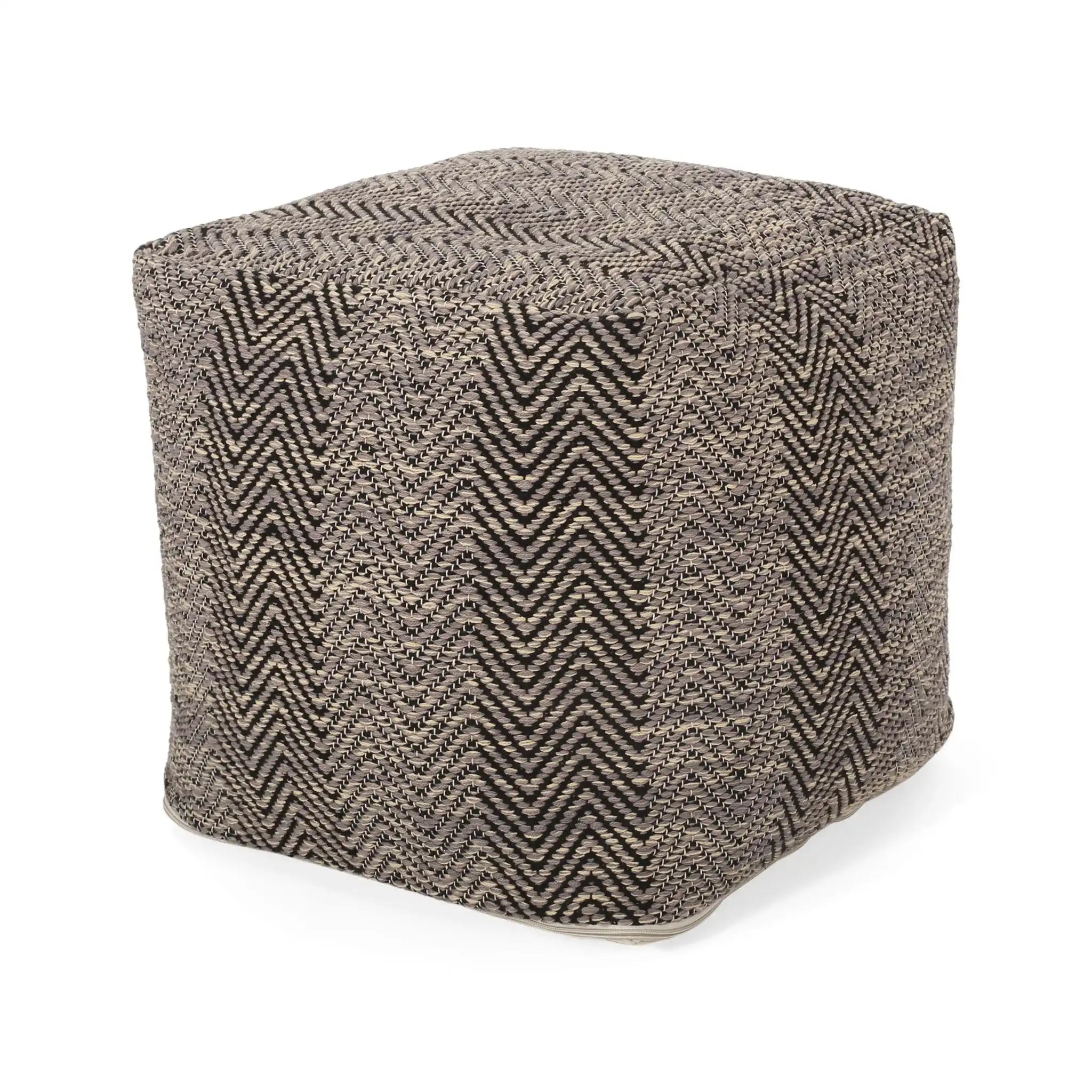 Barracuda Handcrafted Cotton Pouf With Chevron Pattern - Brown / Beige