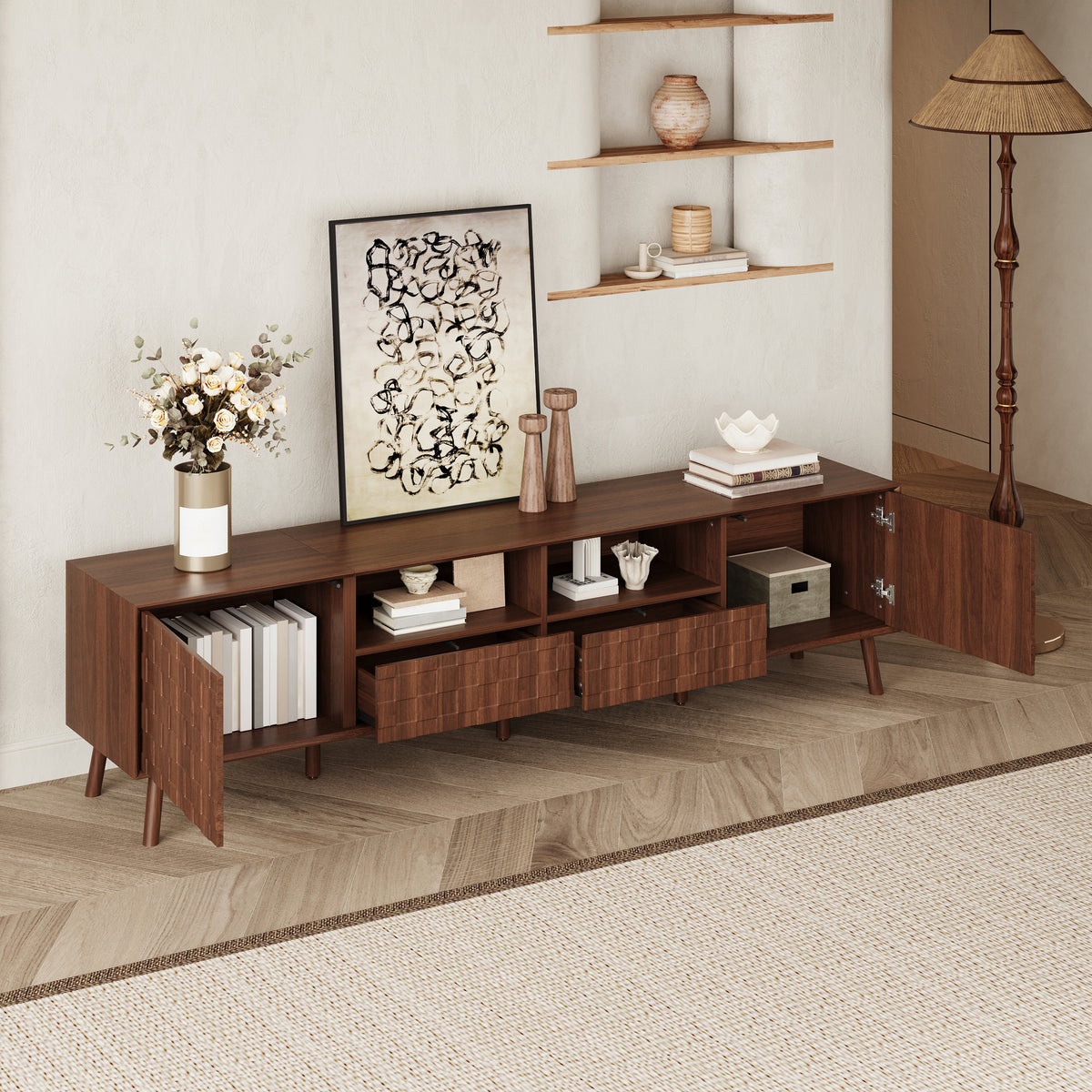 78-Inch Modern TV Stand with Solid Wood Legs, Walnut