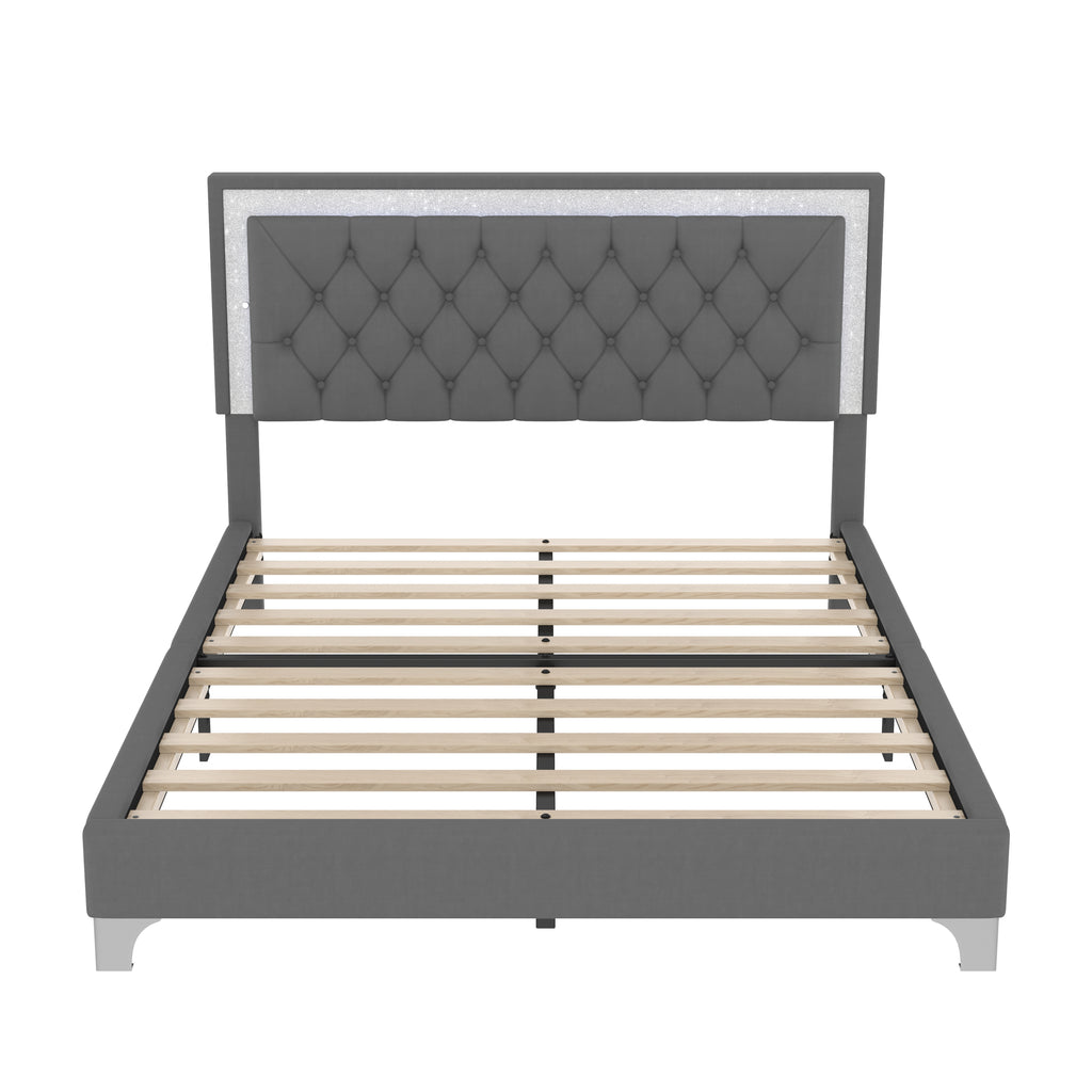 3-Pieces Bedroom Set - Queen Size Upholstered Platform Bed with LED Lights
