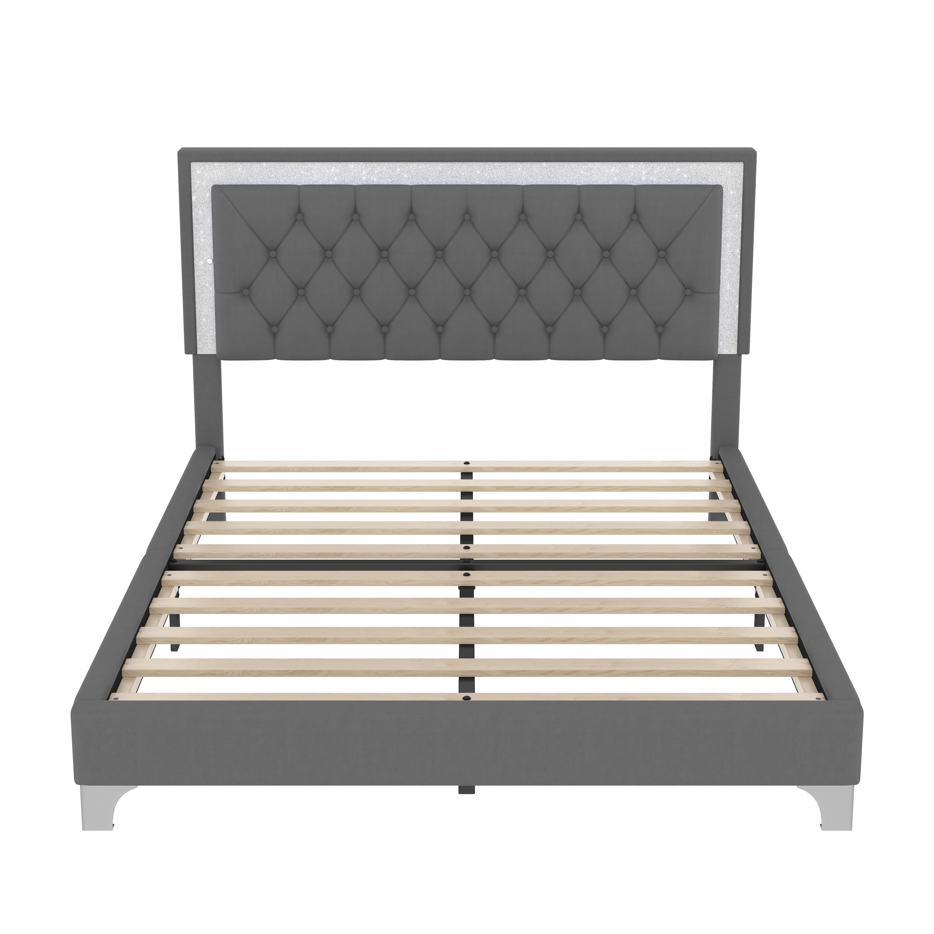 3-Pieces Bedroom Set - Queen Size Upholstered Platform Bed with LED Lights