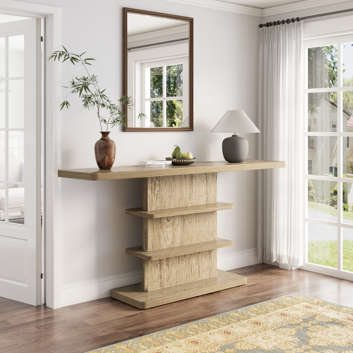 Vintage Narrow Console Table with 2 Tier Open Storage Shelves, 63-Inch, Natural