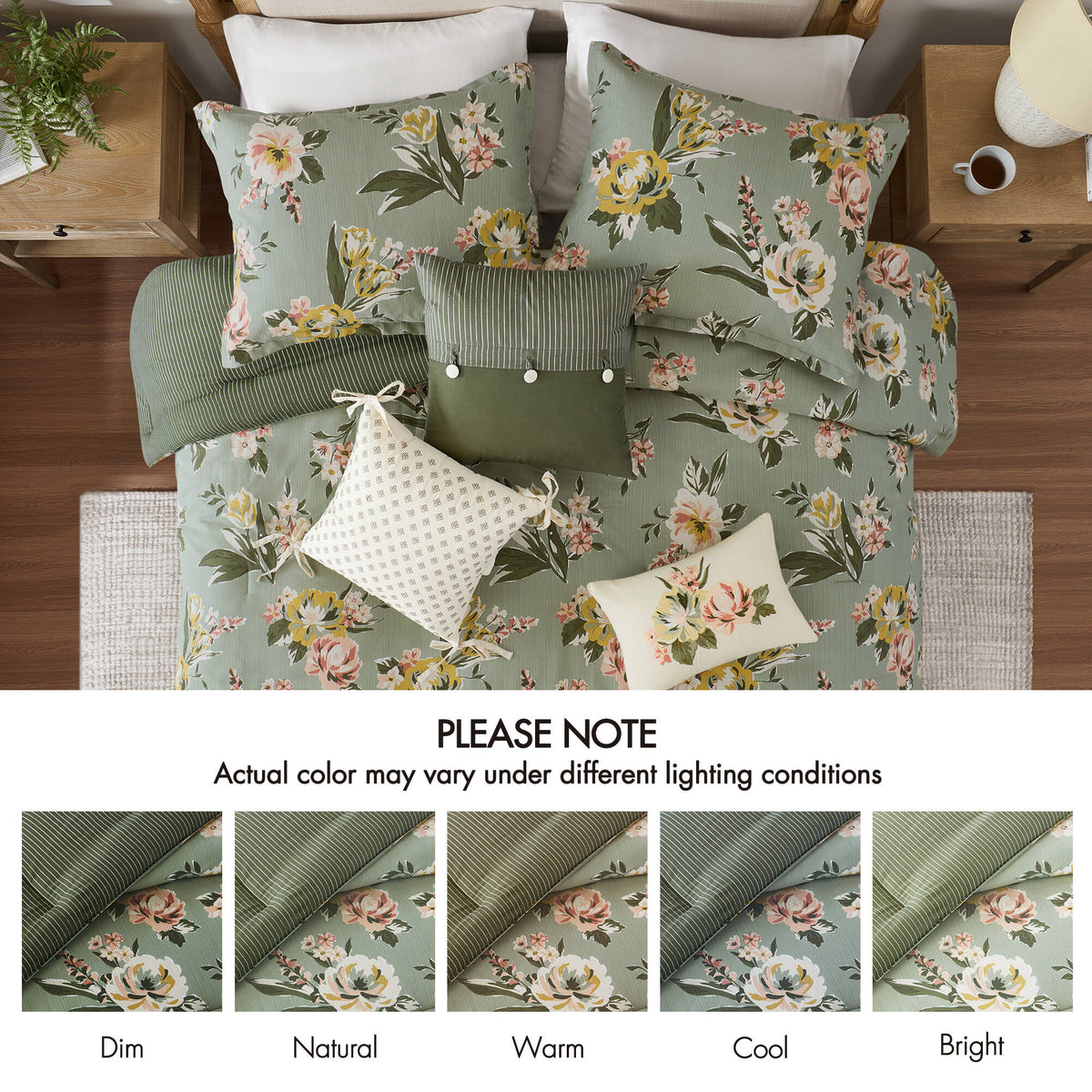 7-Piece Queen Vin Floral Comforter Set, Green, Reversible