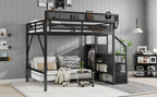 Queen Size Loft Bed with Stairs, Metal Loft Bed with Storage Shelves