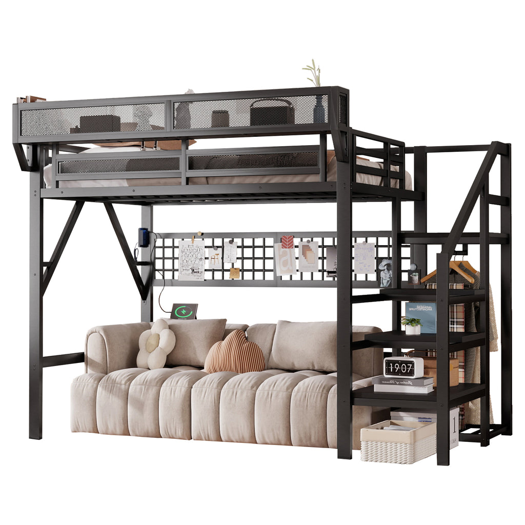 Queen Size Loft Bed with Stairs, Light, and Storage