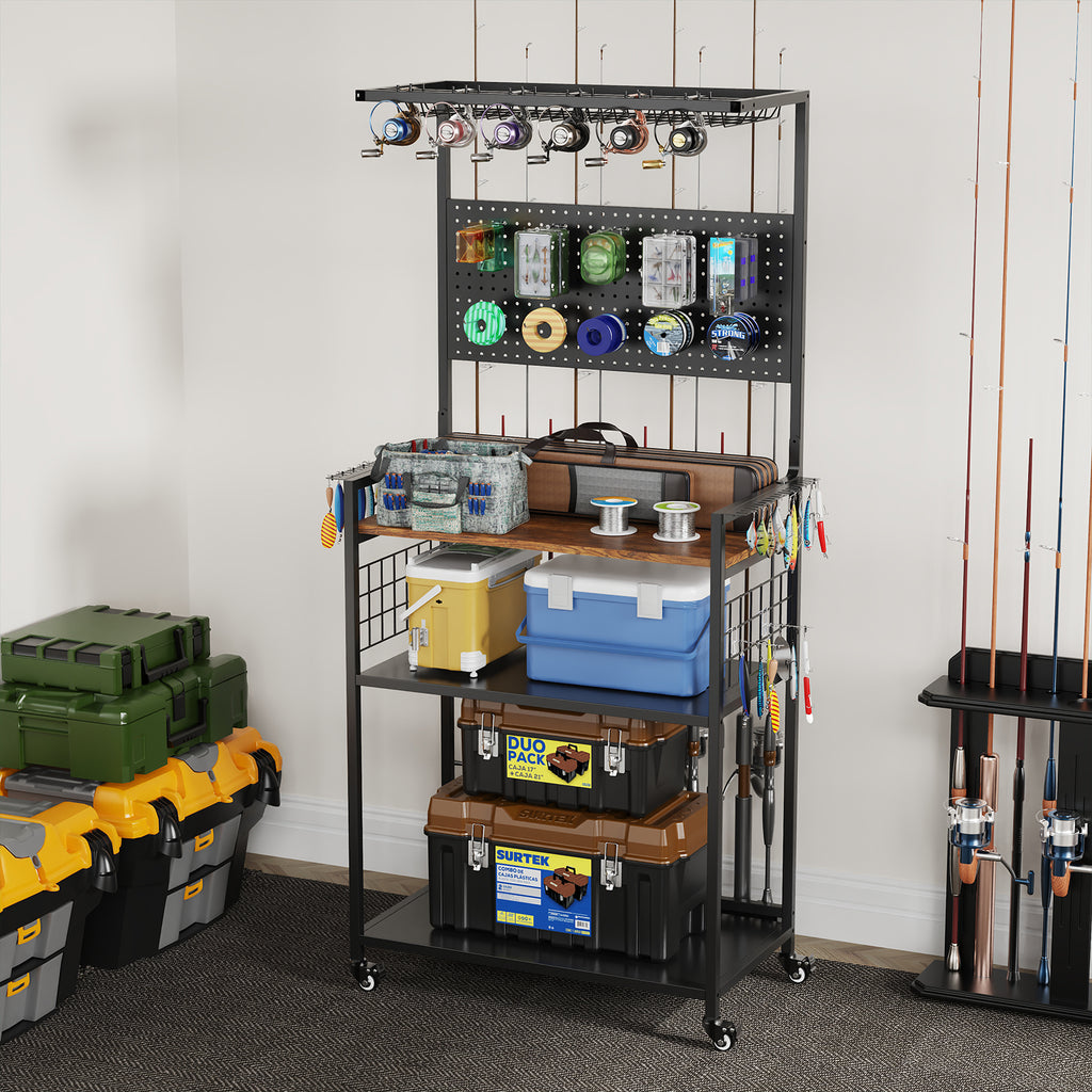 Fishing Rod Storage Rack with Pegboard and Lockable Wheels