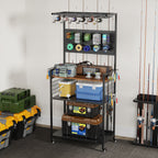 Fishing Rod Storage Rack with Pegboard and Lockable Wheels