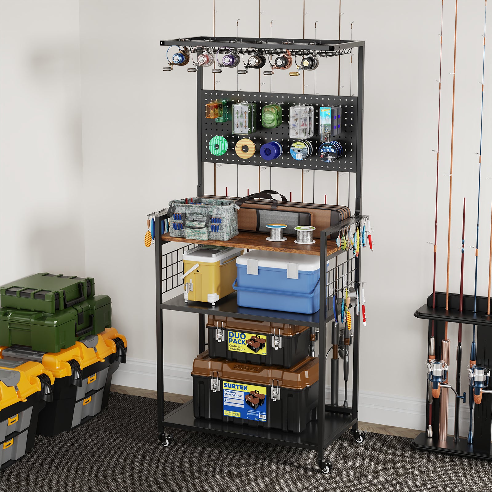 Fishing Rod Storage Rack with Pegboard and Lockable Wheels