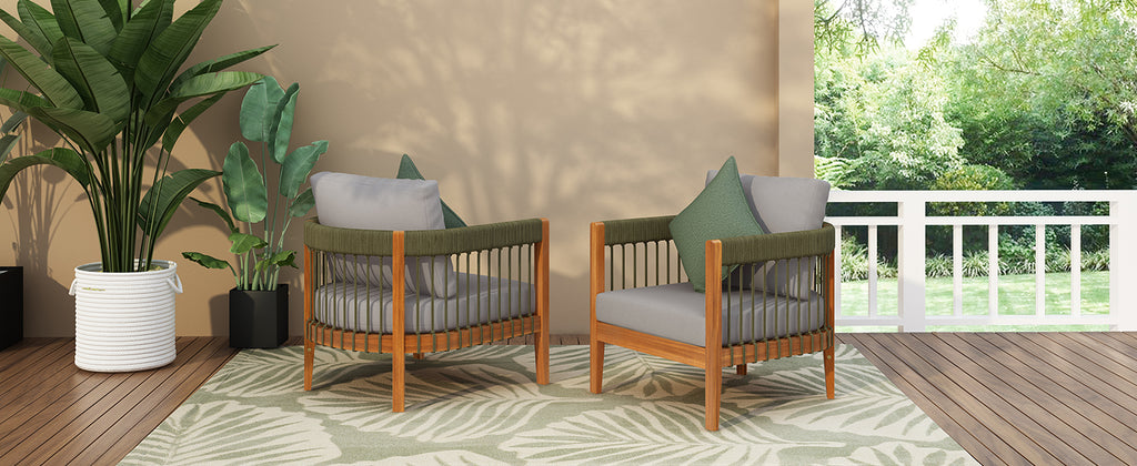Set of 2 Acacia Wood Outdoor Club Chair with Handwoven Rope Accents