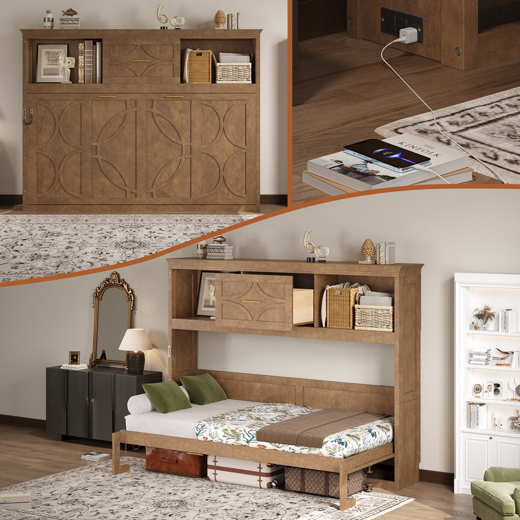 Twin Size Murphy Bed with Charging Station and Drawer