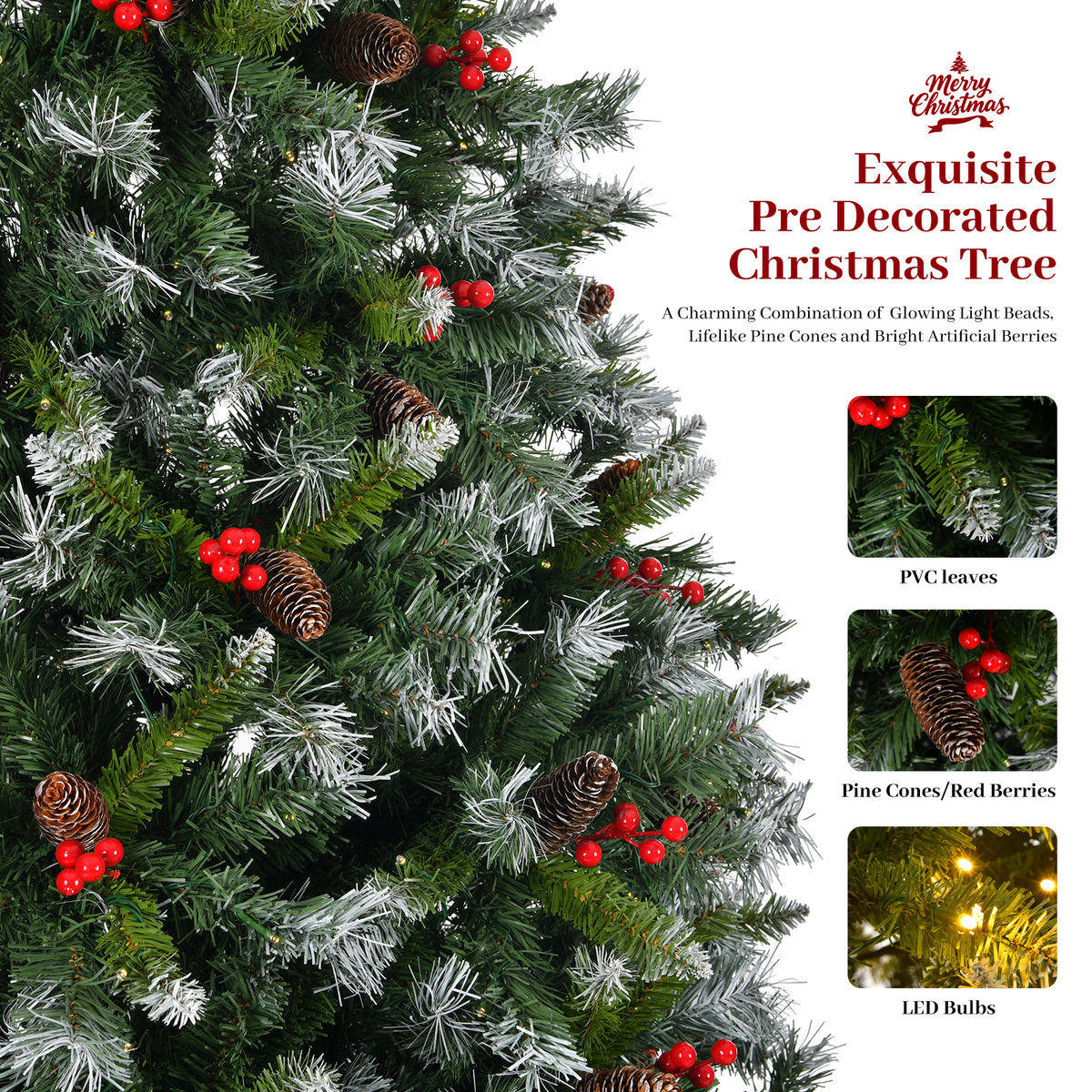9-Foot Pre-Lit Pre-Decorated Pine Artificial Christmas Tree with Frosted Tips and Pine Cones, Green