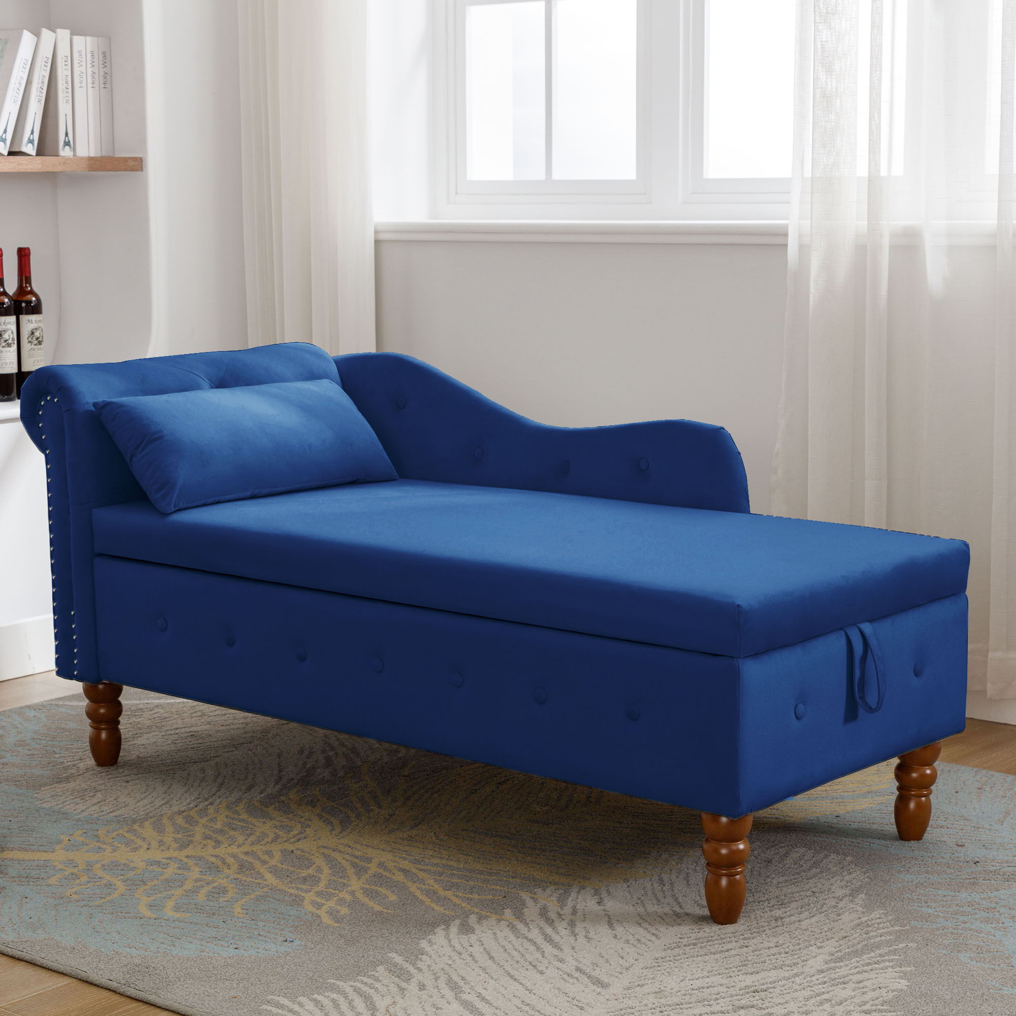 Chaise Lounge Indoor, Lounge Chair For Bedroom With Storage & Pillow, Modern Upholstered Rolled Arm Chase Lounge For Sleeping With Nailhead Trim For Living Room Bedroom Office