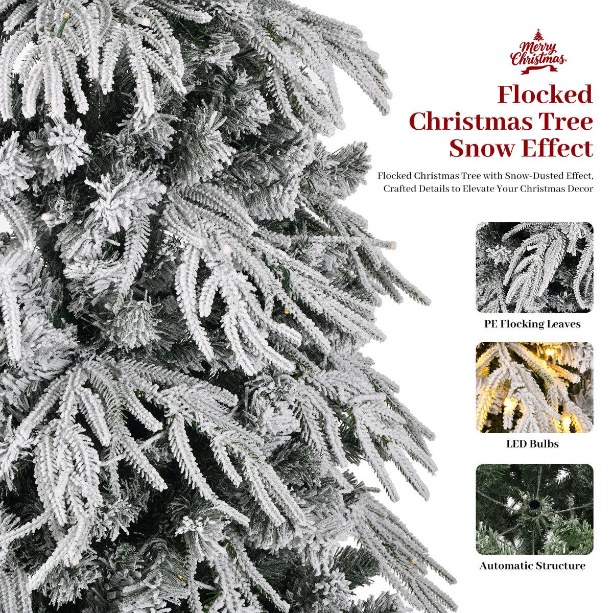 7ft Slim Flocked Christmas Tree, Pre-lit with 250 Warm White LEDs, White