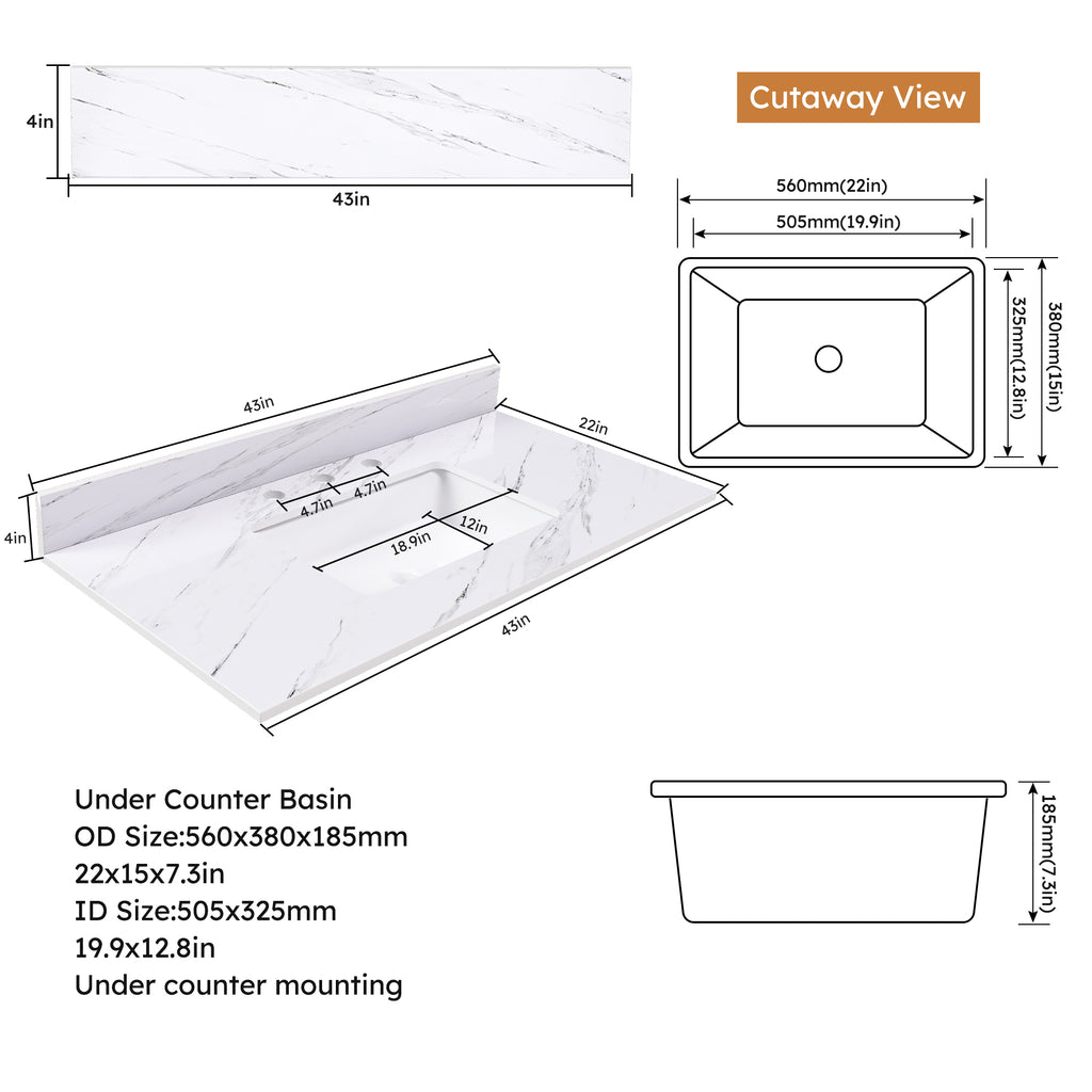43 Inch Marble Vanity Top