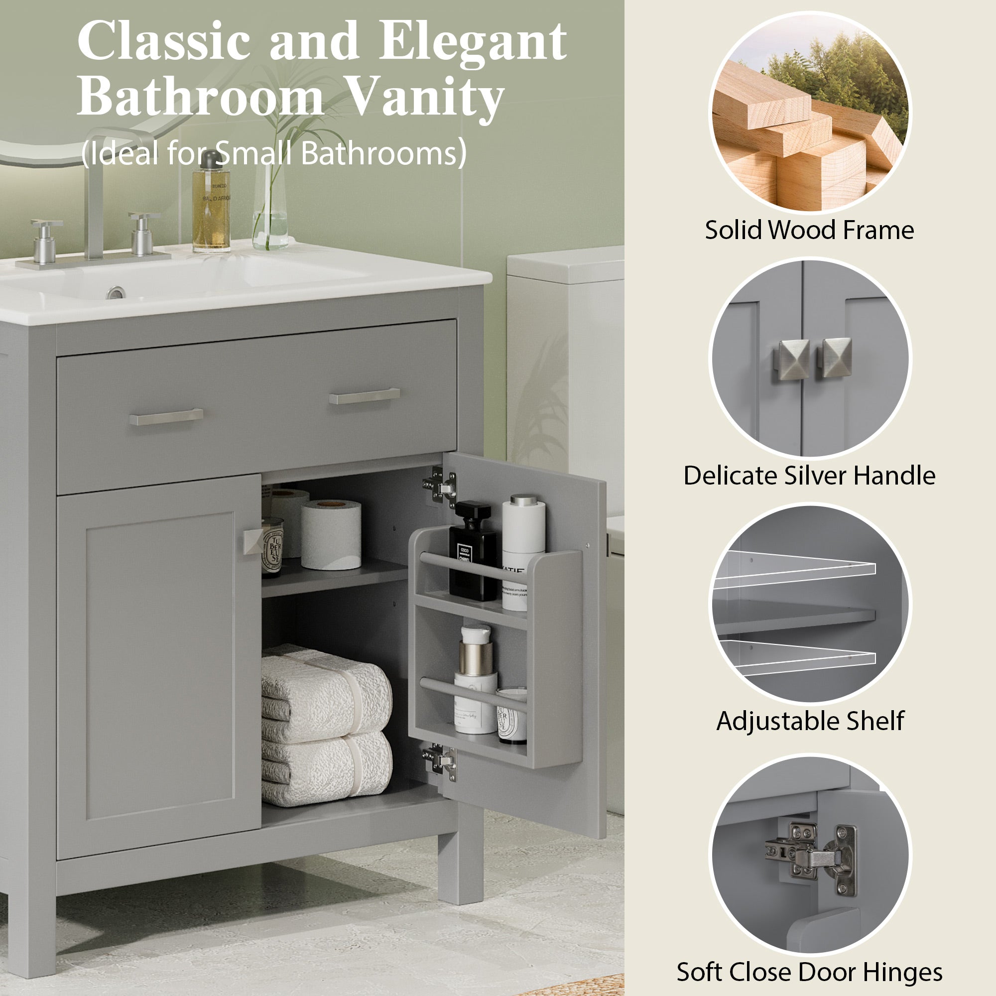30" Bathroom Vanity with Ceramic Sink, Modern