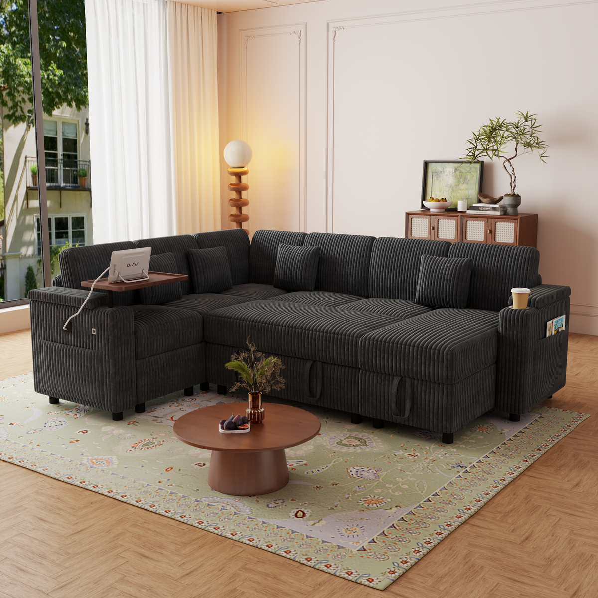 100-Inch Pull-Out Sofa with USB Ports, Table Board & Cup Holder