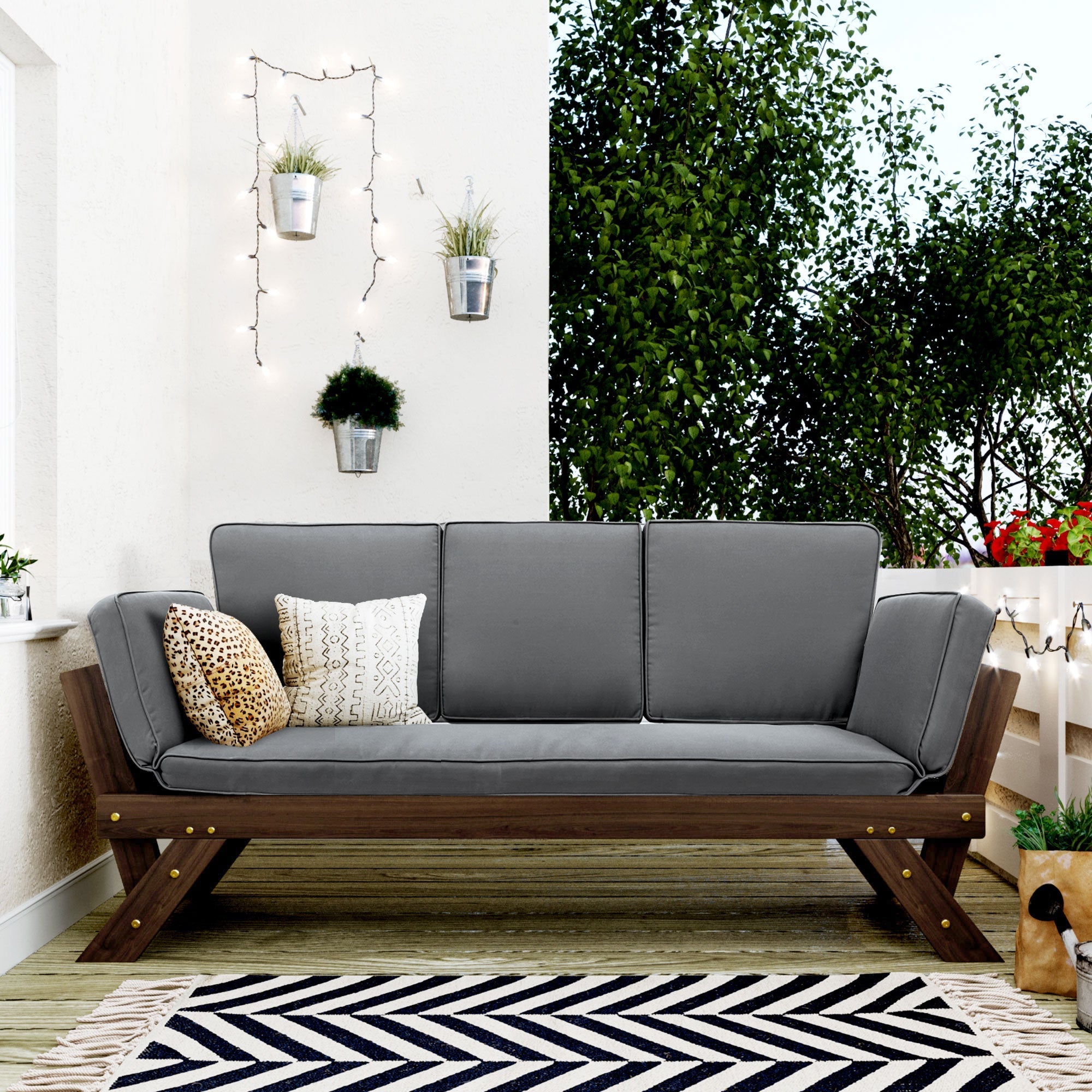 TOPMAX Outdoor Adjustable Patio Wooden Daybed Sofa Chaise Lounge with Cushions