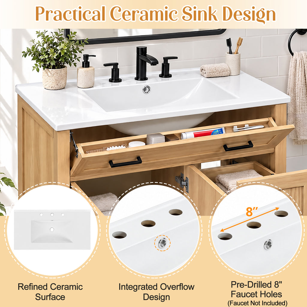 36-Inch Bathroom Vanity with Ceramic Sink, Soft-Close Doors and Drawers, Wood