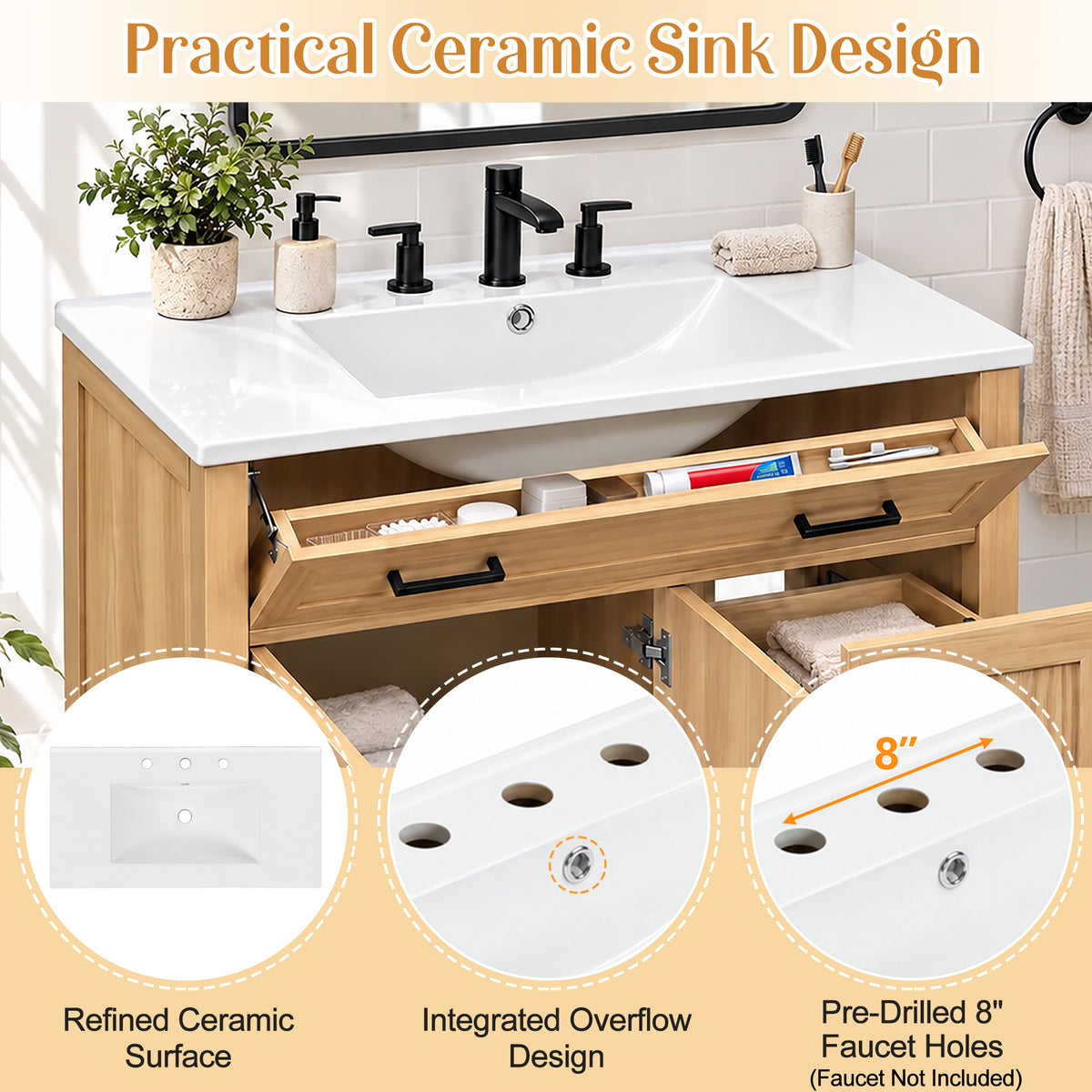 36-Inch Bathroom Vanity with Ceramic Sink, Soft-Close Doors and Drawers, Wood