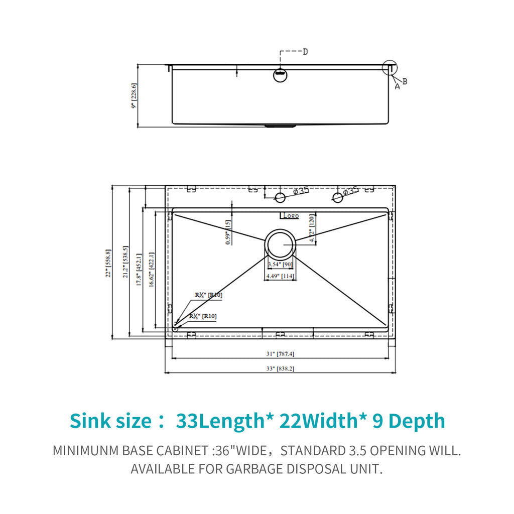33" Drop In Kitchen Sink - Gunmetal Finish