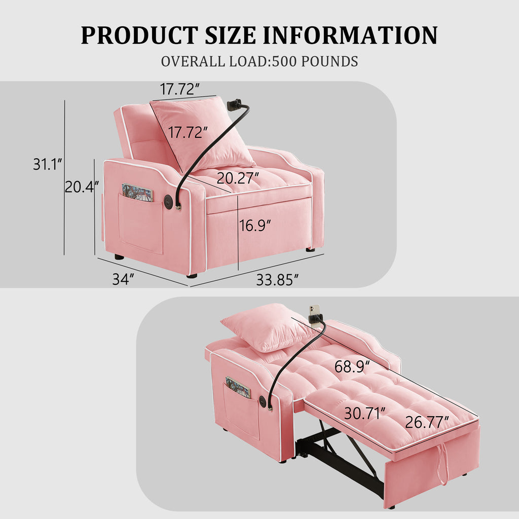 3-in-1 Convertible Sleeper Chair, Pink Velvet with USB Charging