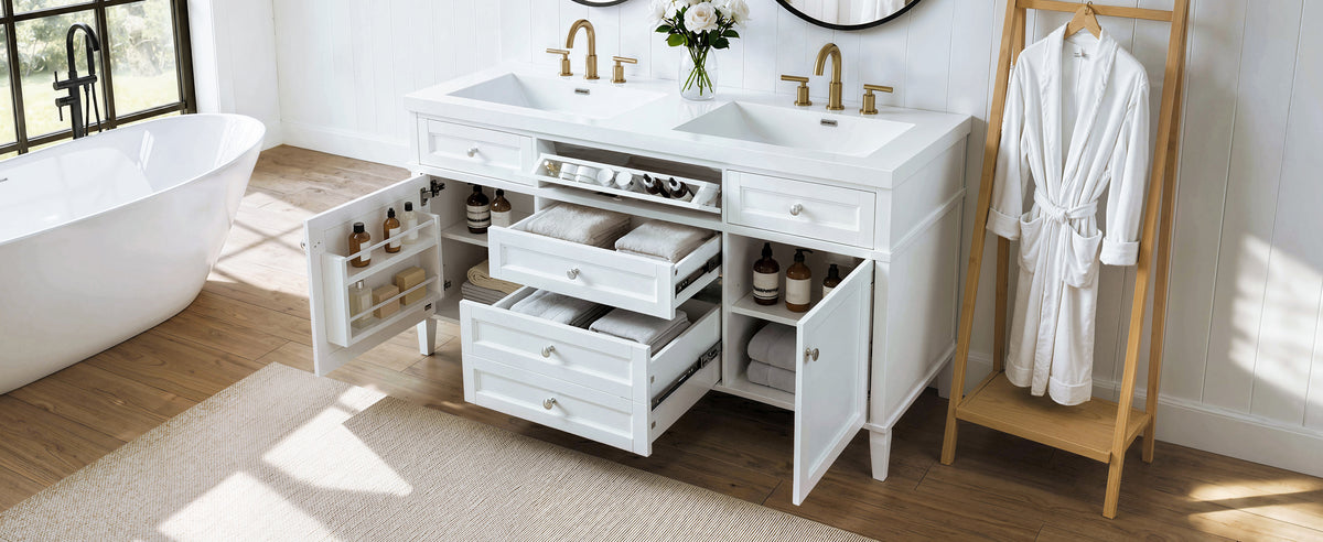 [Video] 59.1" Modern Bathroom Vanity with Resin Sink, Cabinet with 3 Drawers and 2 Doors, Adjustable Shelf, Door-Mounted Storage Rack, Soft-Close Mechanism, Freestanding