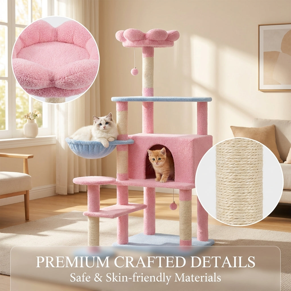 Flower Cat Tree with Large Condo, 56-Inch Tall, Pink
