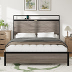 Antique Wooden Platform Bed Frame with Storage and LED Lights