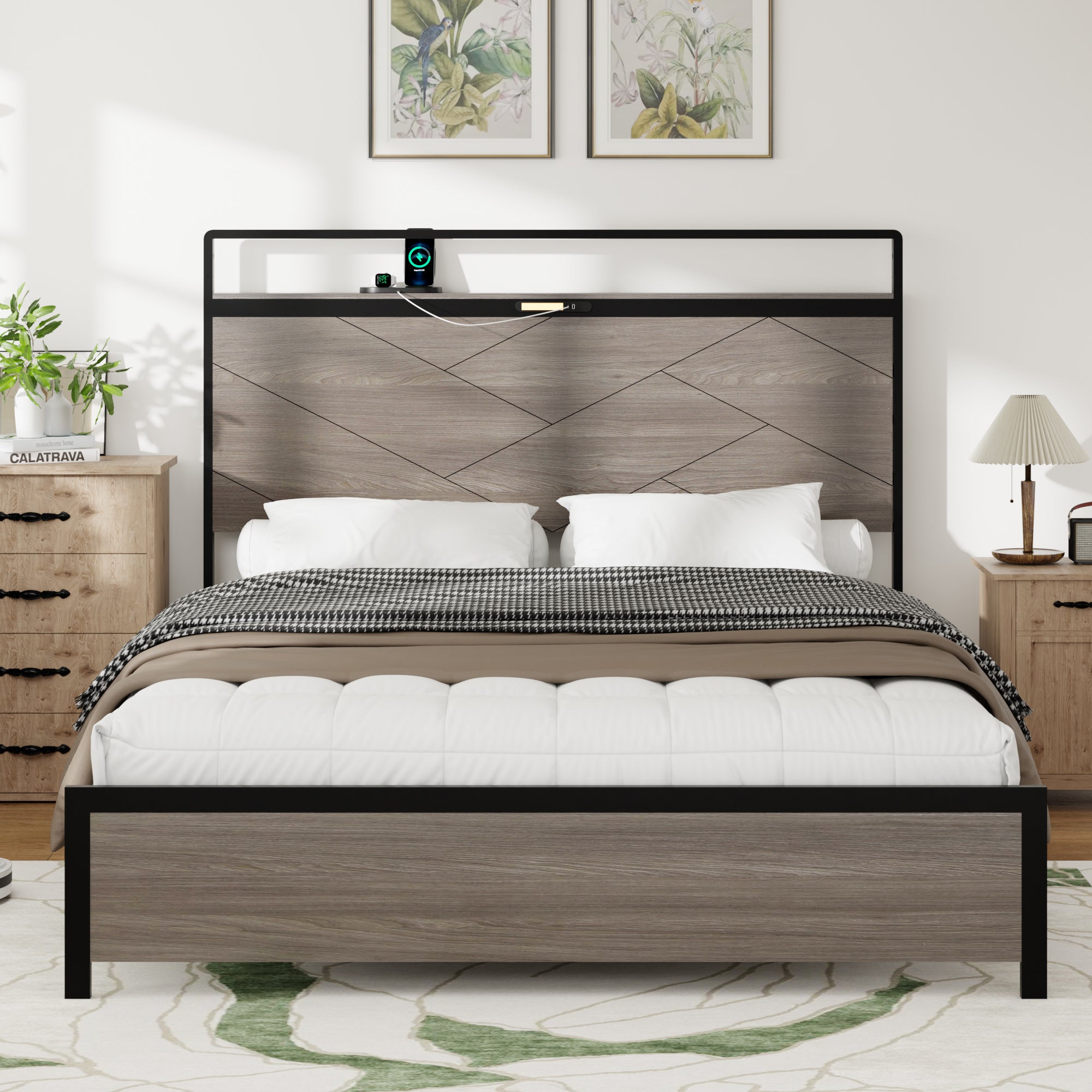 Antique Wooden Platform Bed Frame with Storage and LED Lights