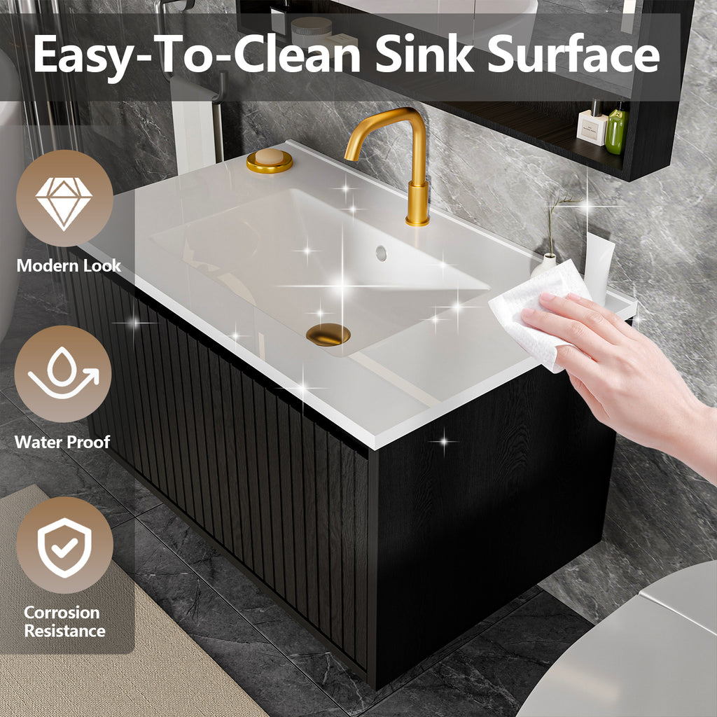 30-Inch Wall-Mounted Bathroom Vanity Cabinet with Ceramic Sink, Black
