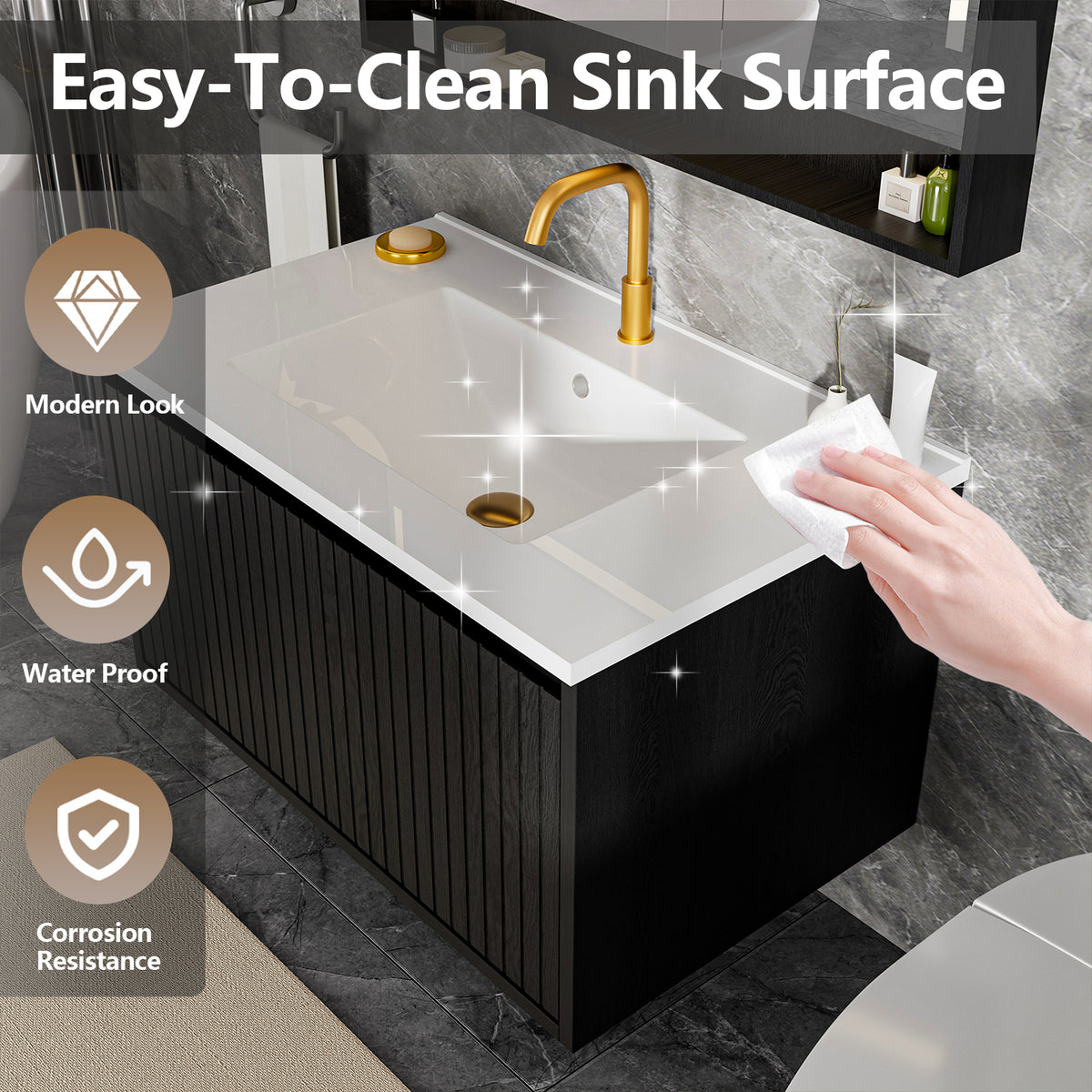 30-Inch Wall-Mounted Bathroom Vanity Cabinet with Ceramic Sink, Black