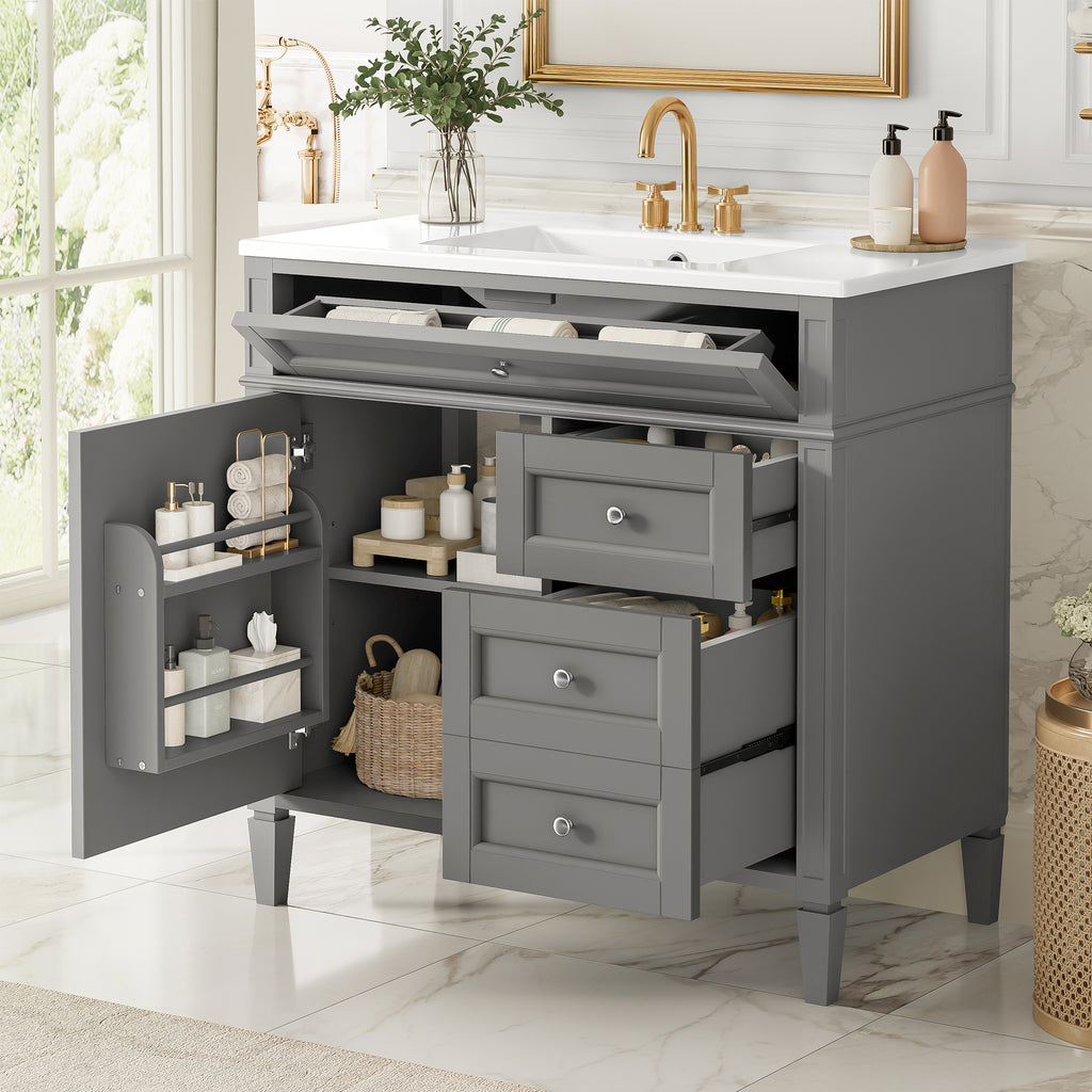 36-Inch Bathroom Vanity with Ceramic Sink, Grey, Modern Storage Cabinet