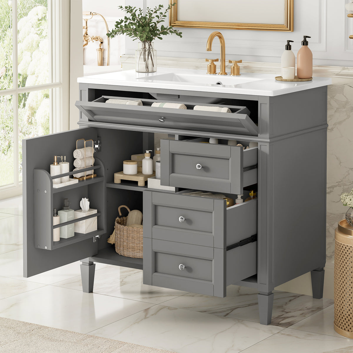 36-Inch Bathroom Vanity with Ceramic Sink, Grey, Modern Storage Cabinet