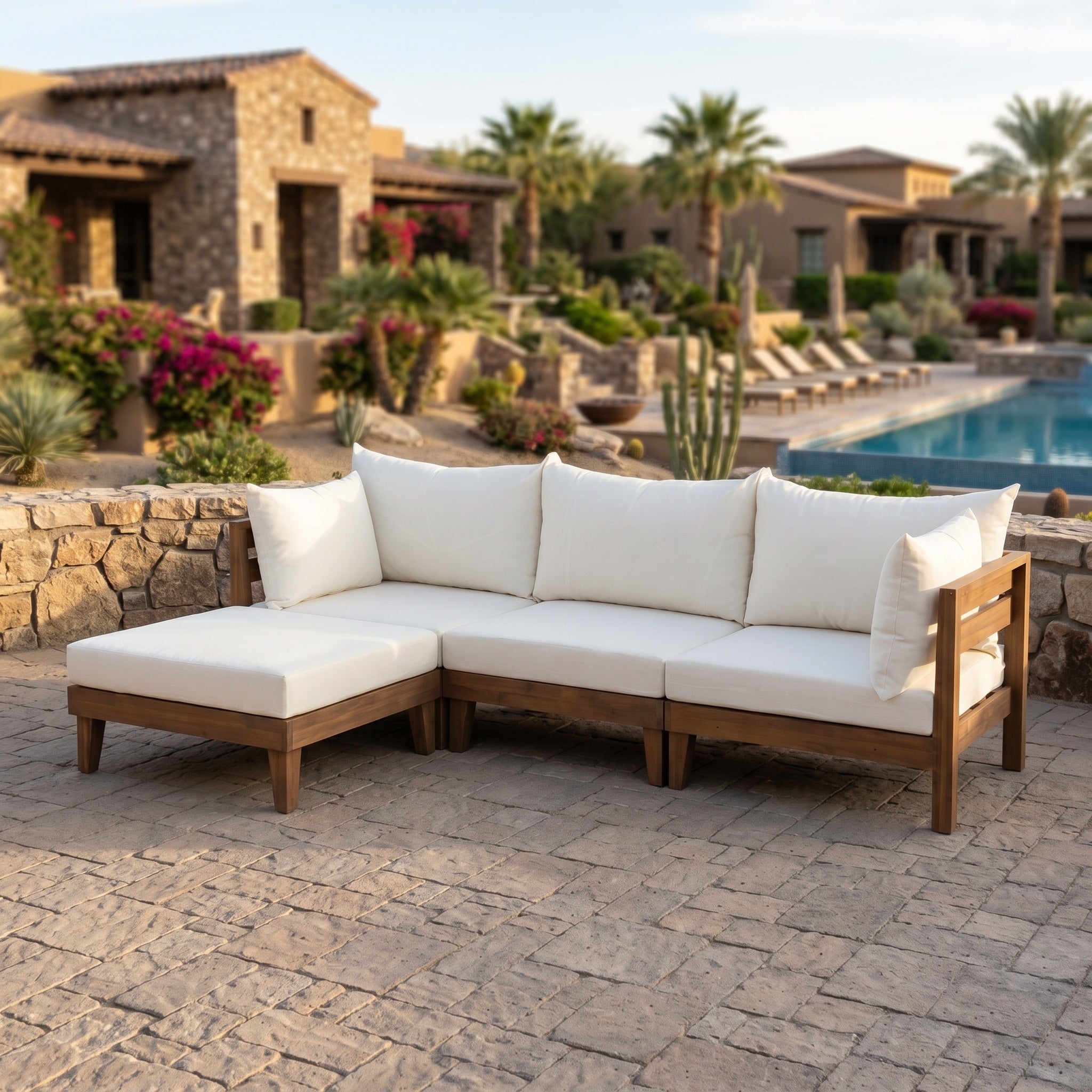 TOPMAX Outdoor Large 96.3" W Daybed Acacia Wood 6-Piece Patio Sofa Set