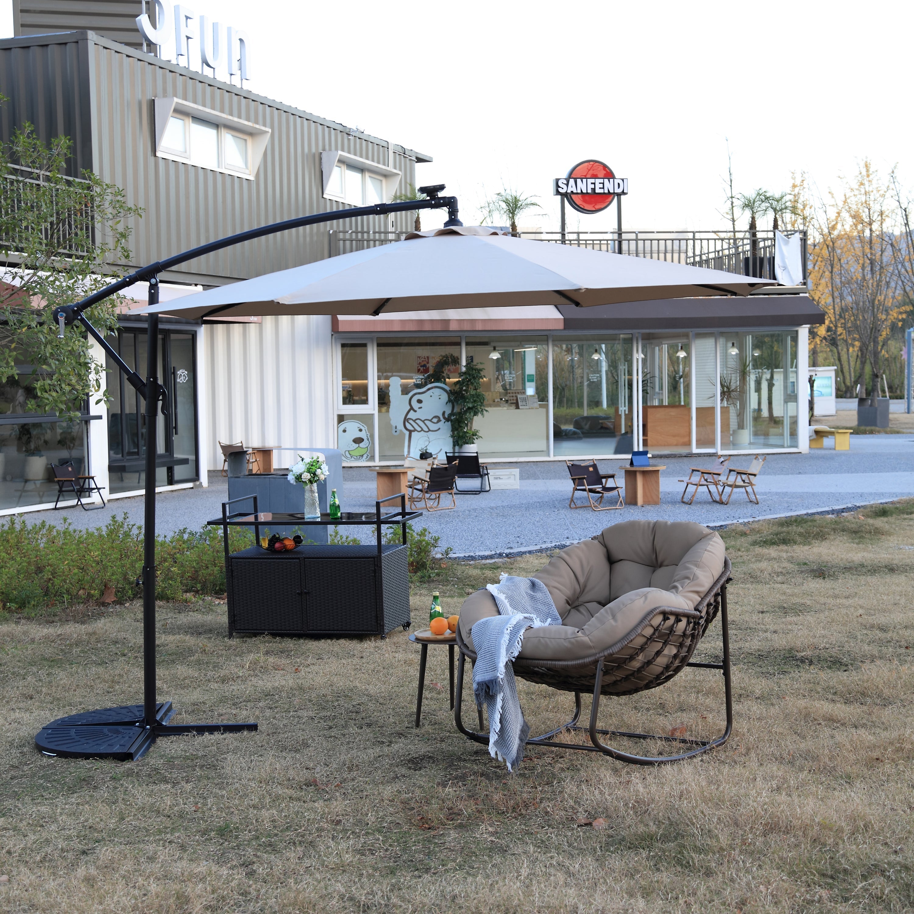 10ft Solar LED Offset Hanging Market Patio Umbrella (Khaki)