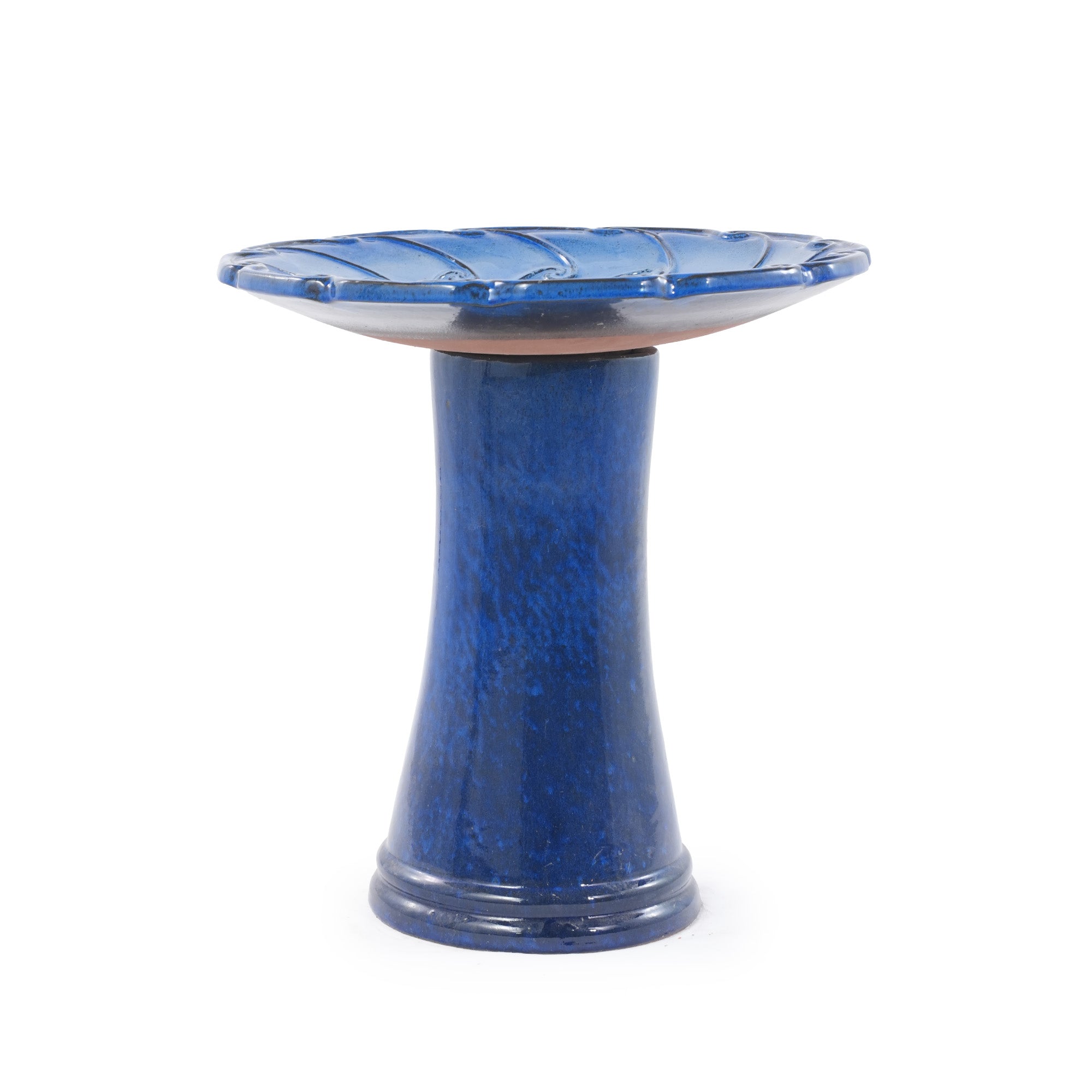 Handmade Glazed Ceramic Bird Bath, 17" Swirling Scroll Embossed Tray