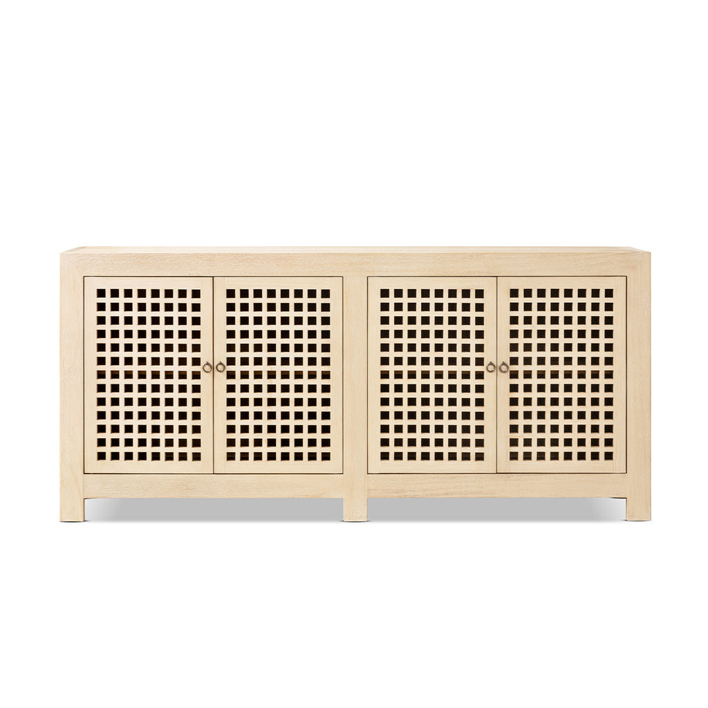Alden 34-Inch Tall Reclaimed Pine Lattice 4-Door Cabinet, Brushed White