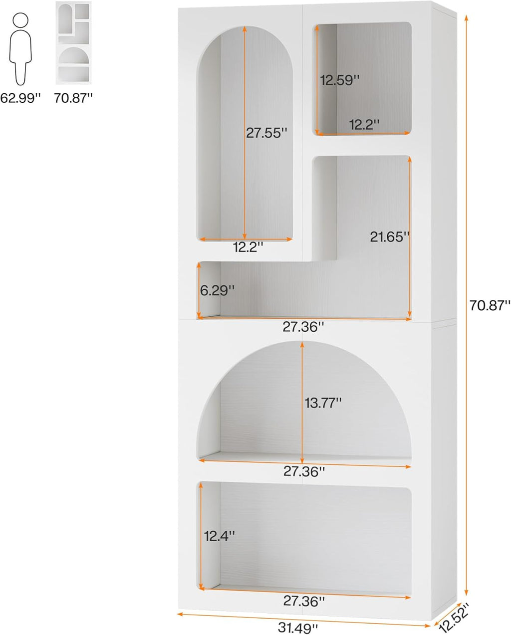 70.87” Tall White Geometric Arched 5-Shelf Art Display Bookcase