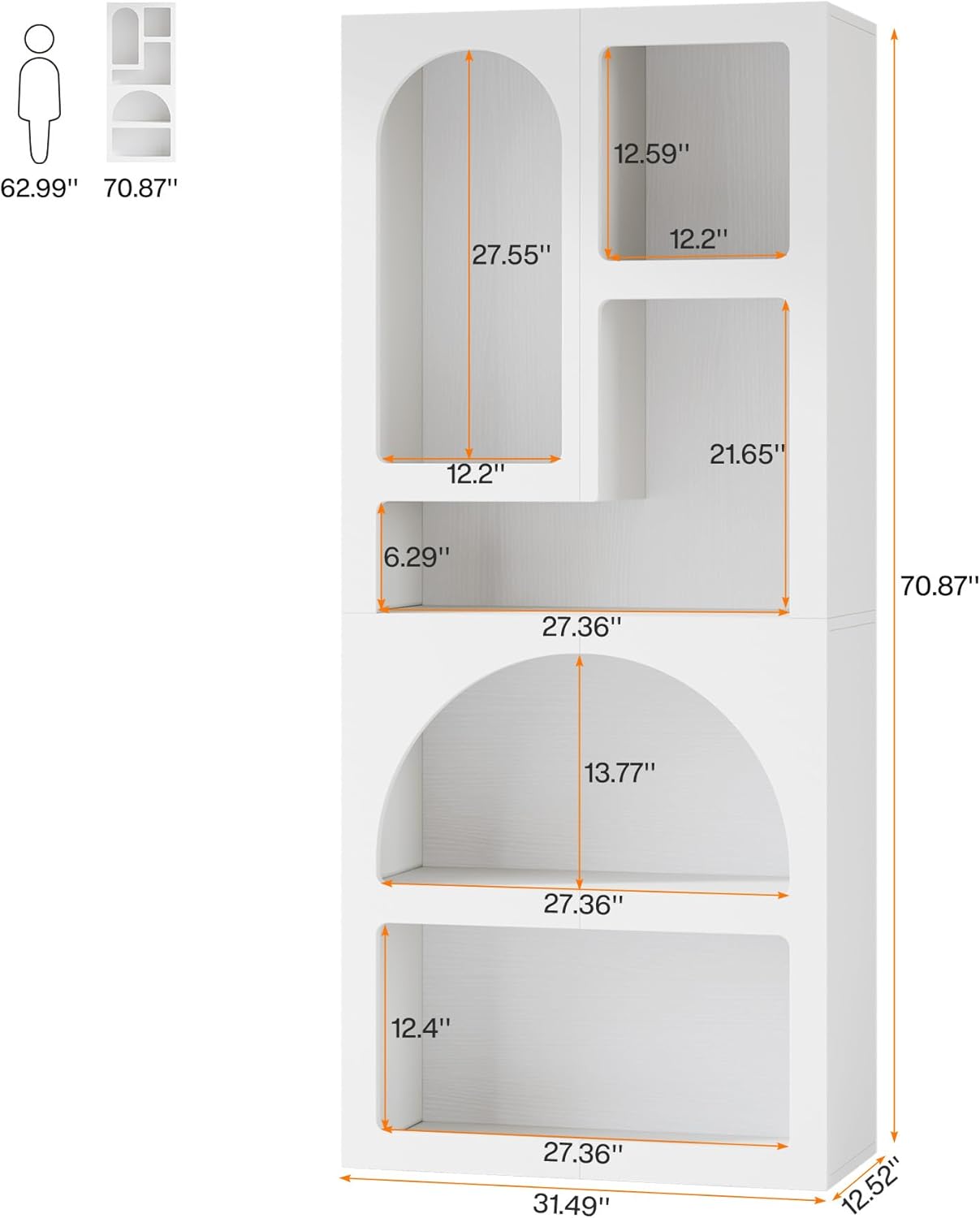 70.87” Tall White Geometric Arched 5-Shelf Art Display Bookcase