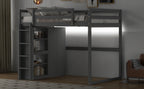 Wood Full Size Loft Bed With Built-in Wardrobe and Storage Shelves