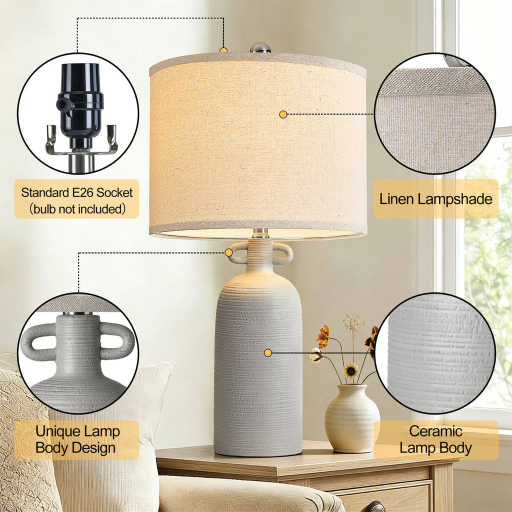 24-Inch Dimmable Ceramic Table Lamp Set with Linen Drum Shades, Gray