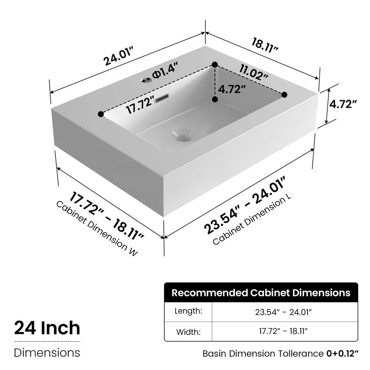 Integrated Solid Surface Basin, 24-Inch, Glossy White