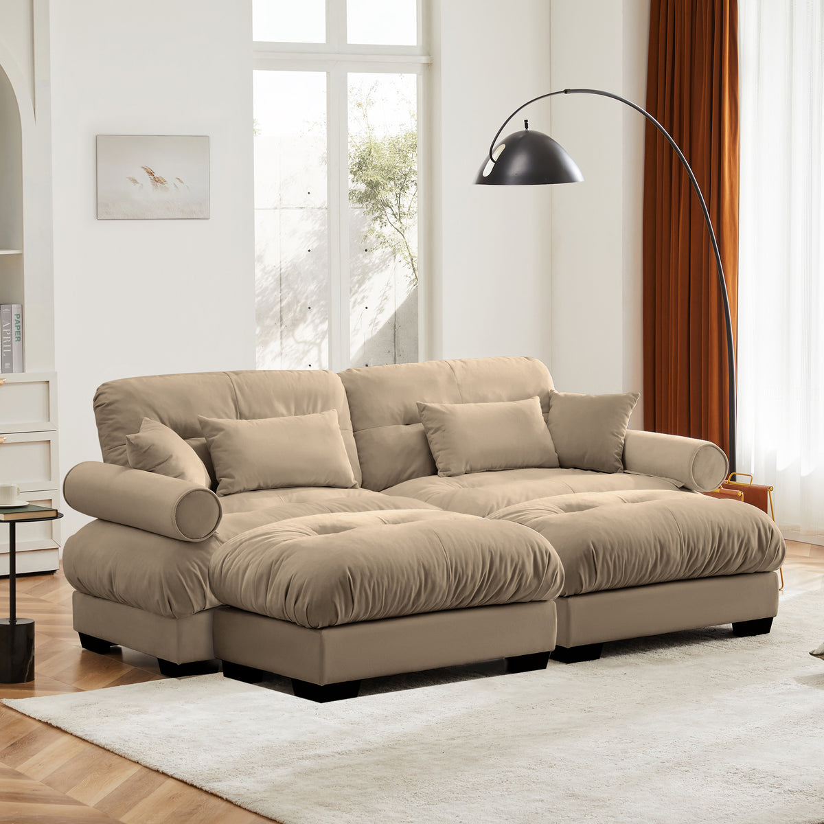 Modern Two-Seater Sofa with Ottoman, Velvet 2-Seater