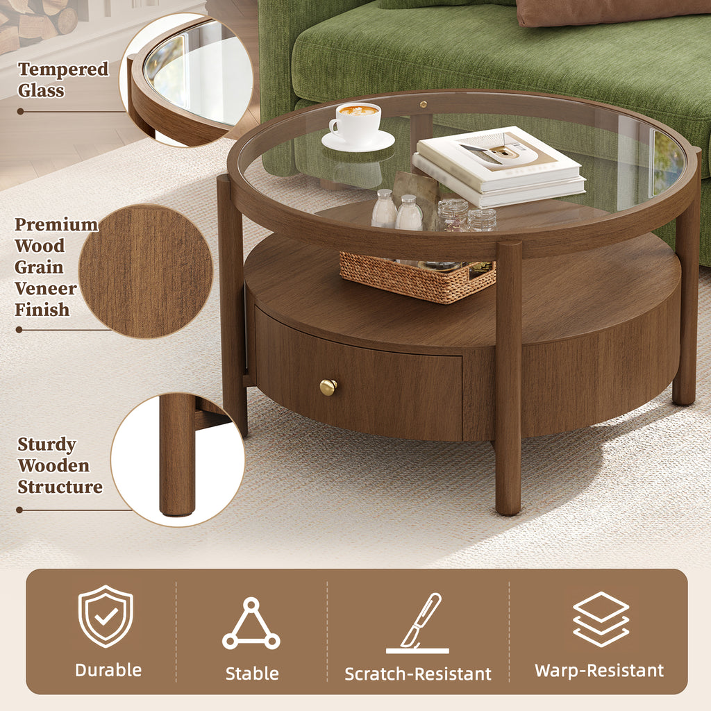 Solid Wood Round Glass Top Coffee Table with Storage Drawer
