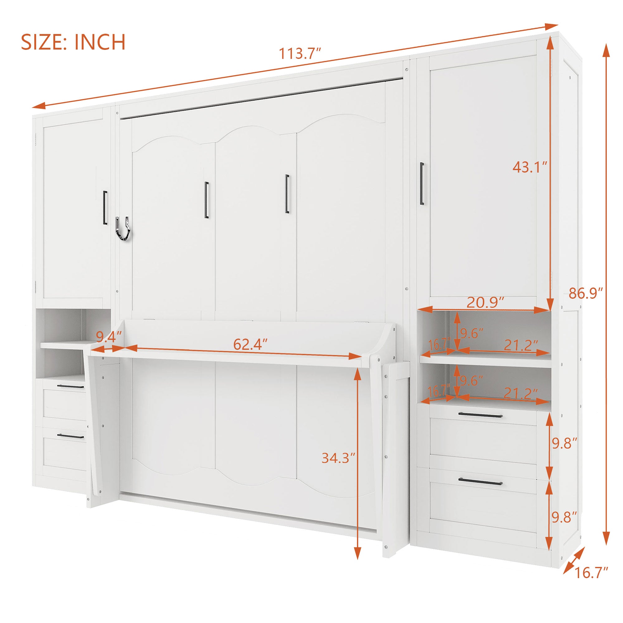 Queen Size Murphy Bed with Closet, Drawers and Shelves